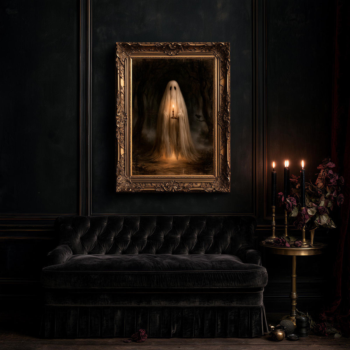 Oversized ghost artwork above a black tufted sofa and a small table of candles