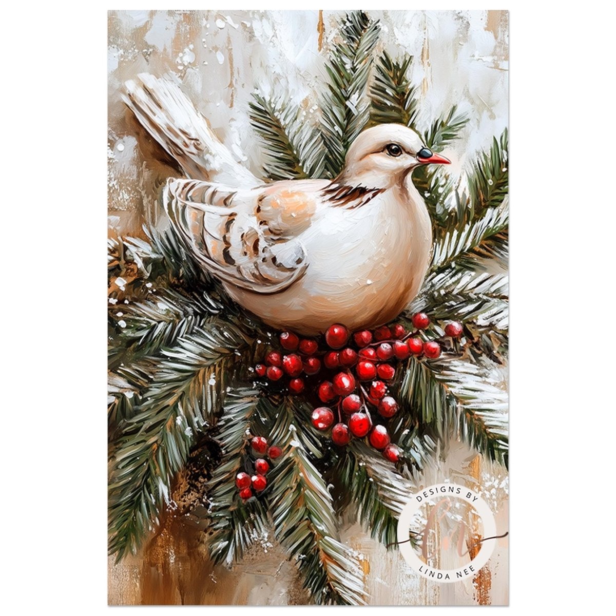 Dove wall art of a white bird on a branch with red berries and pine needles