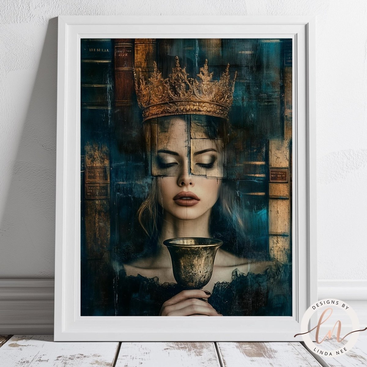 Queen with golden crown and chalice against a dark moody backdrop