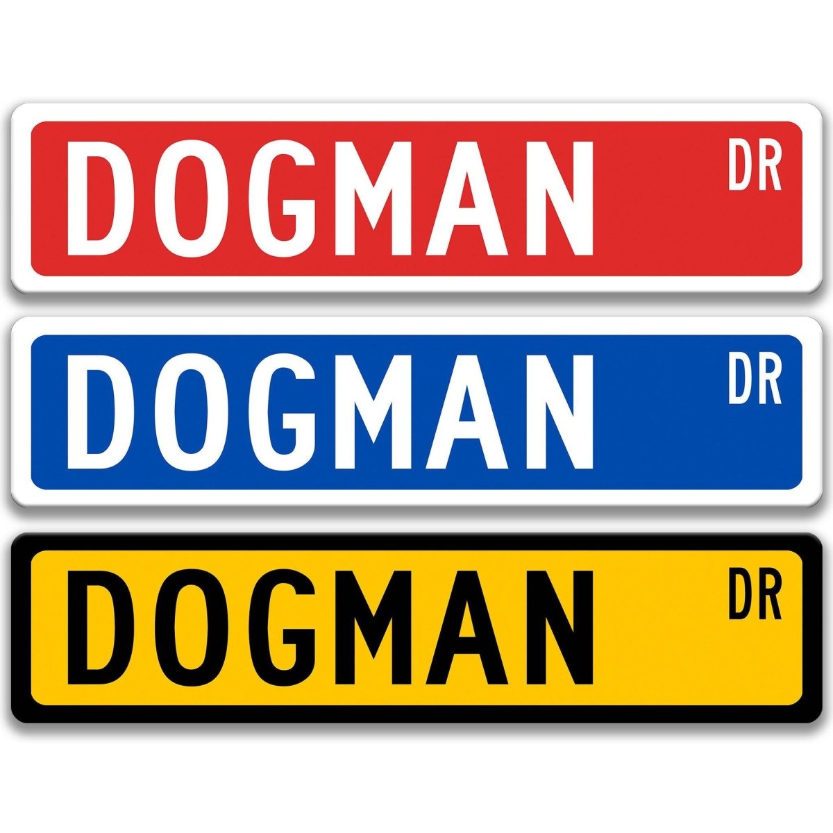 Dogman street name sign shown in three aluminum color options, alternate layout