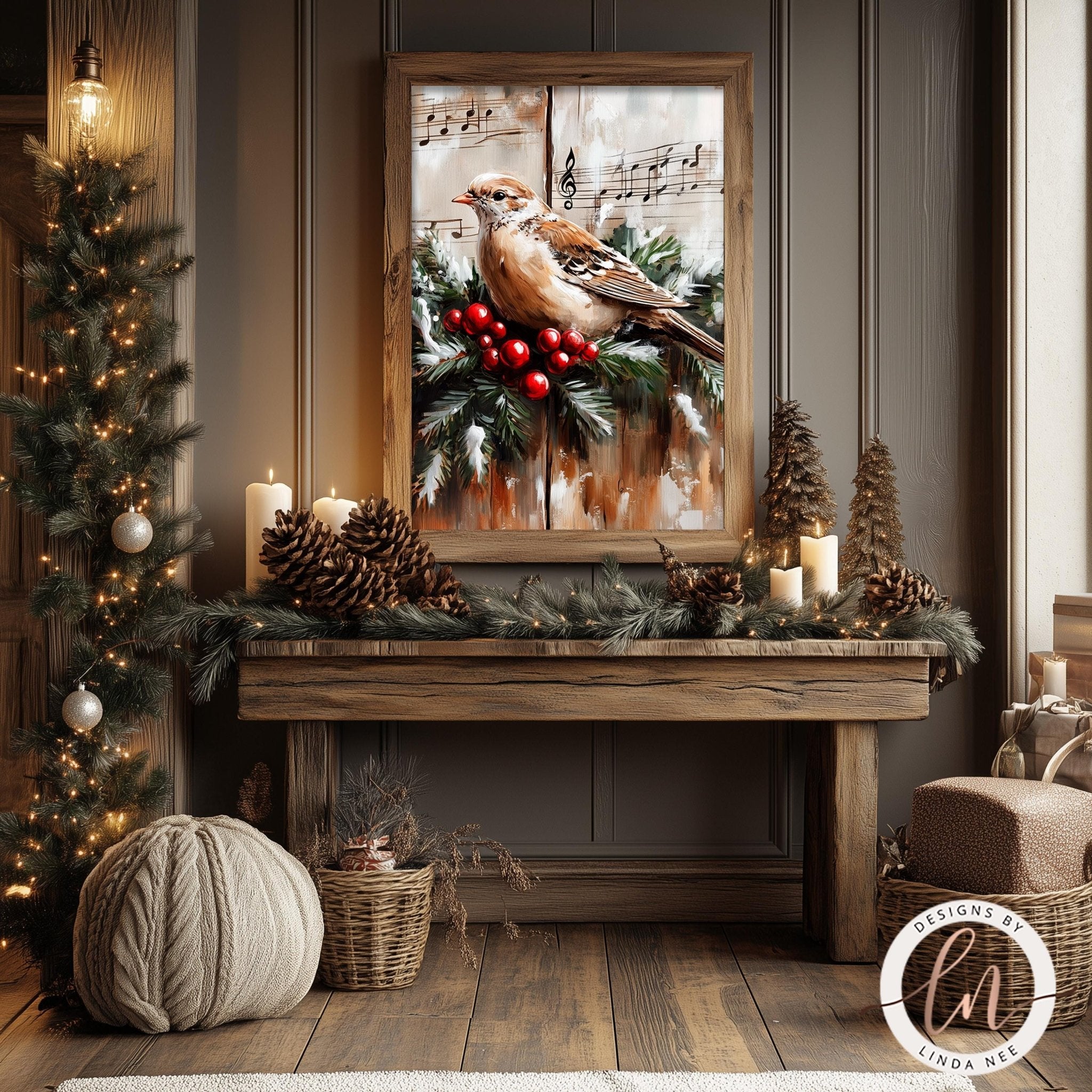 a cozy and festive Christmas scene with a wooden table adorned with pine cones, pine branches, and red berries. A framed painting of a bird perched on a branch with berries is displayed on the wall above the table. The room is decorated with Christmas lights, ornaments, and a wreath, creating a warm and inviting atmosphere.