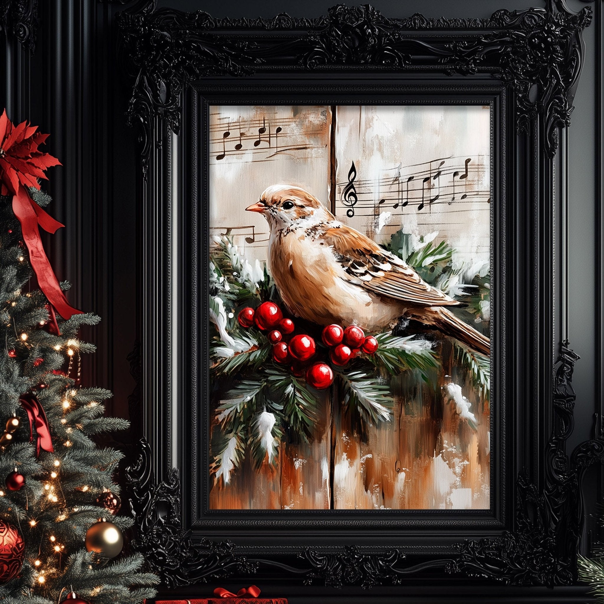 A framed painting of a bird perched on a branch with red berries, surrounded by a wreath of greenery and a musical score.