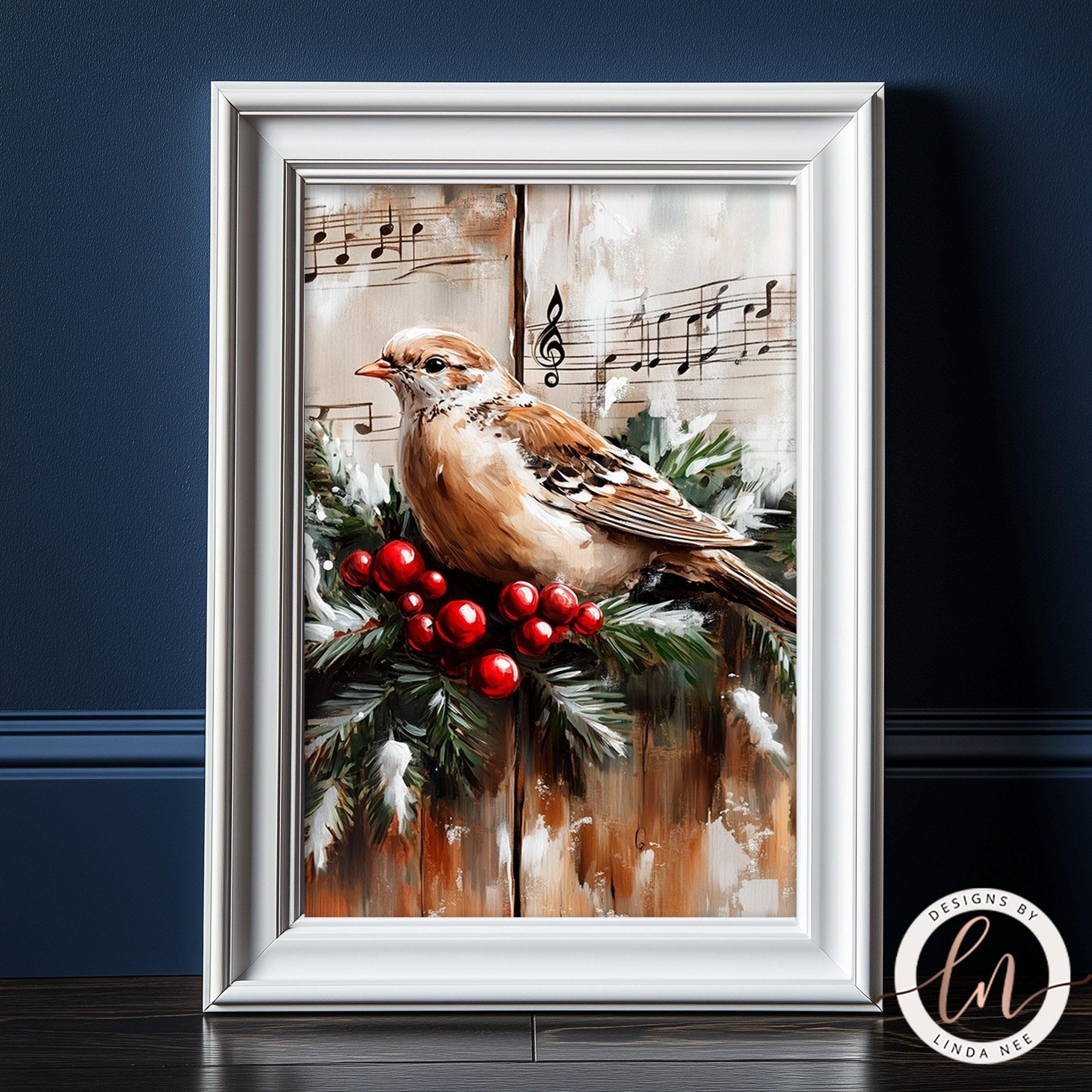 A framed painting depicting a bird perched on a branch with red berries and greenery, set against a background with musical notes.