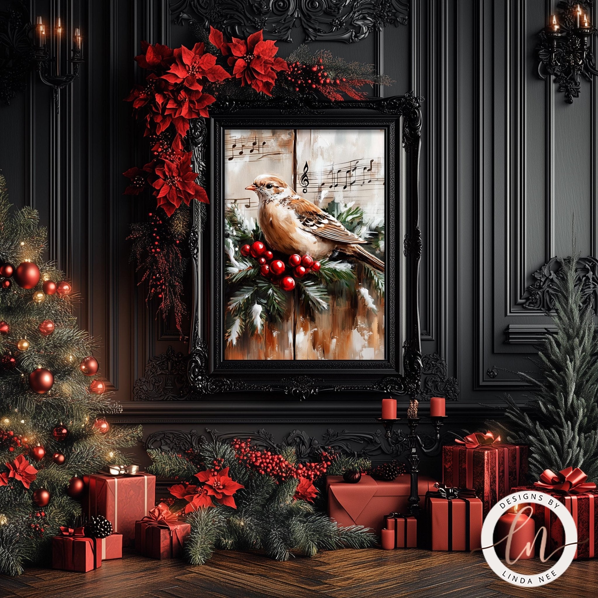 a festive Christmas scene with a framed painting of a bird perched on a branch, surrounded by red poinsettias, red berries, and red presents. The painting is set against a dark background, creating a warm and cozy atmosphere.