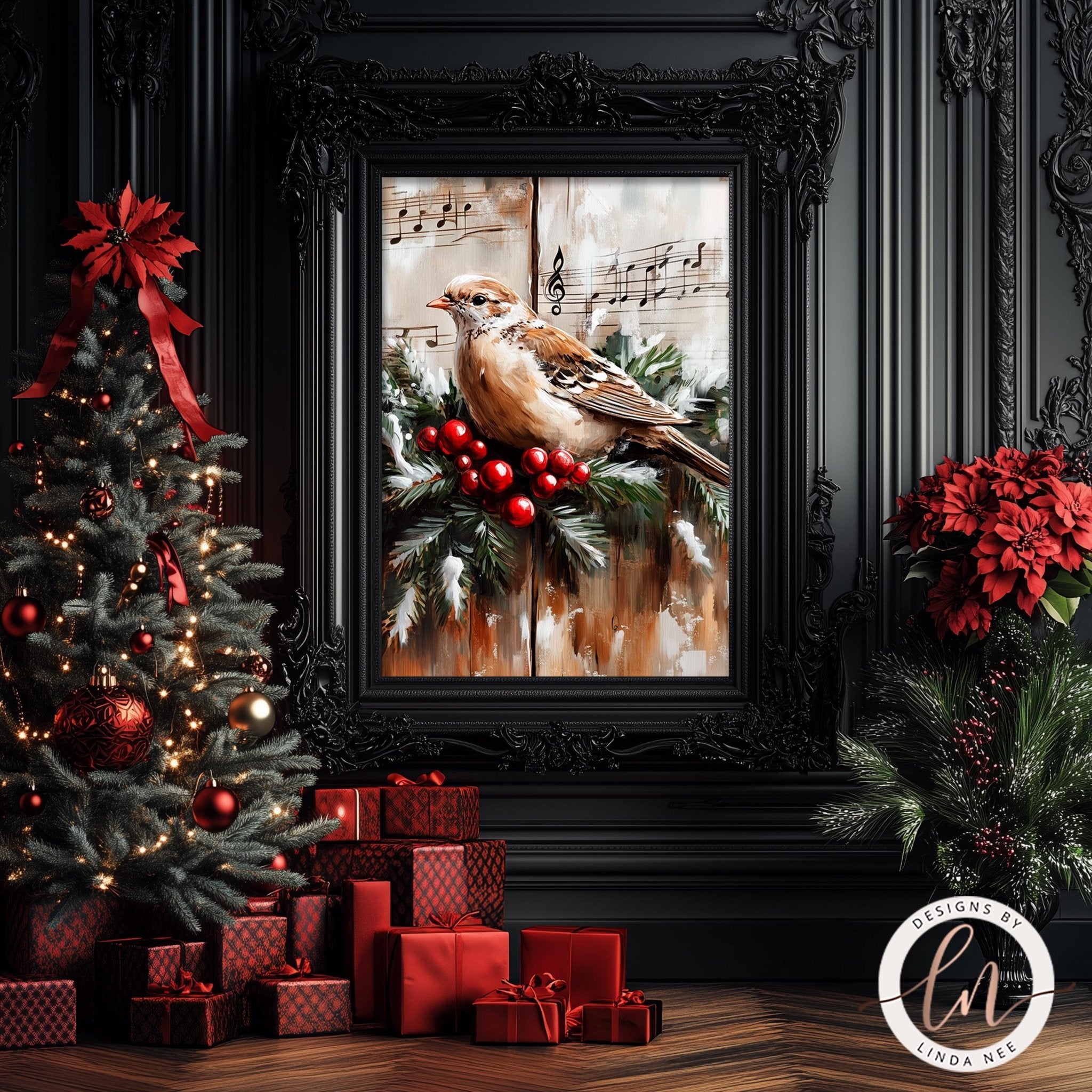 a Christmas scene with a framed painting of a bird perched on a branch, surrounded by red berries and greenery. The painting is set against a dark background, and the room is decorated with a Christmas tree, poinsettias, and a collection of red gift boxes.