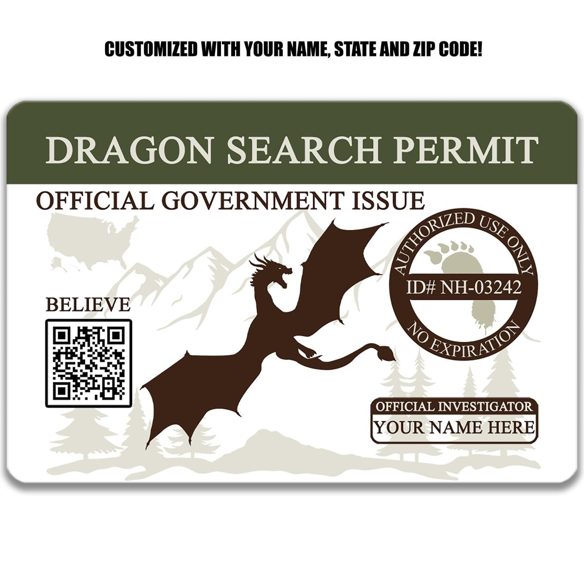 The image is a custom-made dragon search permit with a QR code, featuring a silhouette of a dragon and mountains in the background.