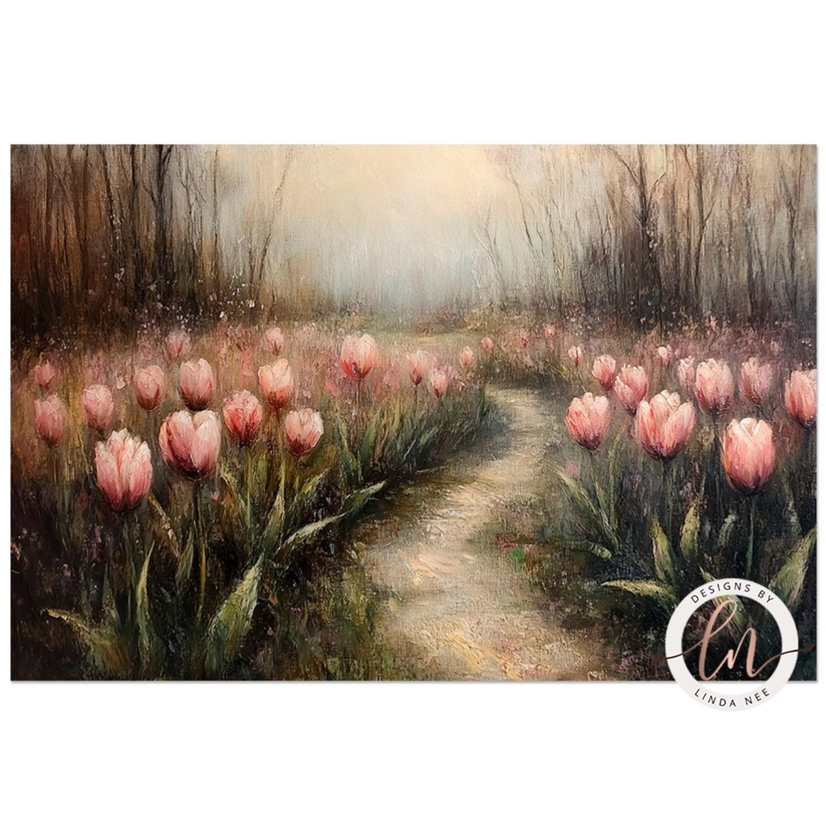 a serene landscape with a winding path leading through a field of pink tulips.