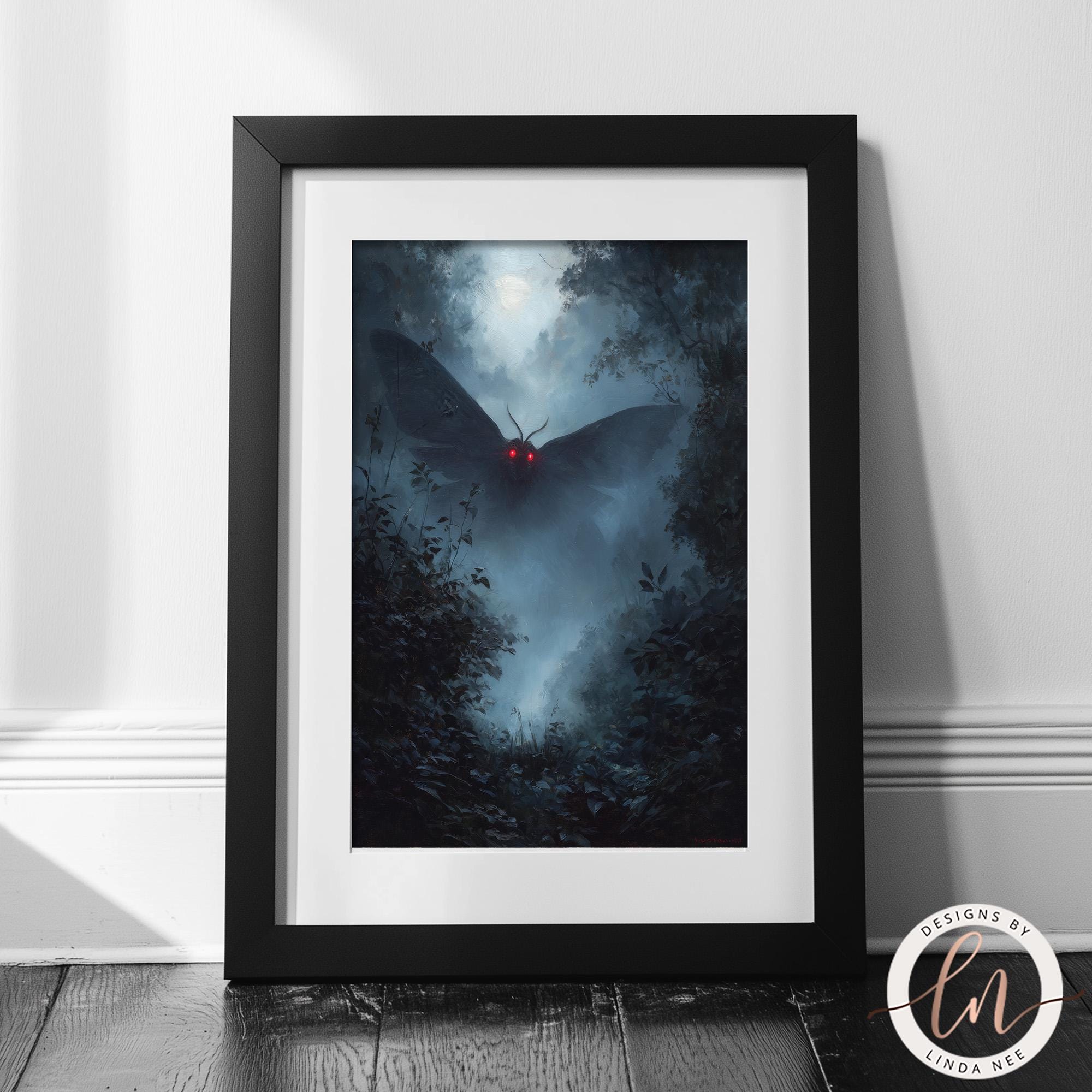 The image is a framed artwork depicting a large moth with glowing red eyes, surrounded by a misty, dark forest scene.
