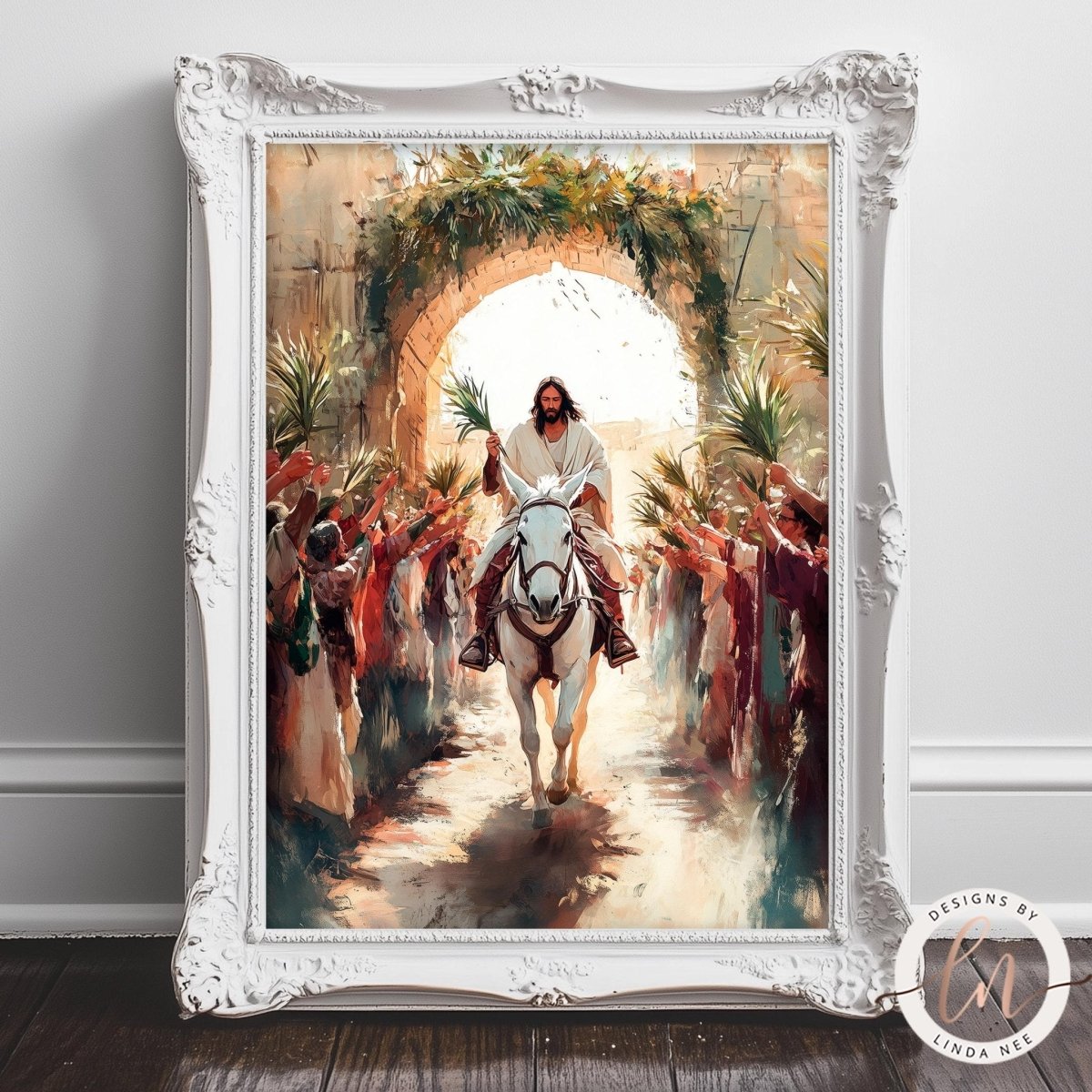 A painting of a man riding a horse through a crowd of people, with a large archway in the background.