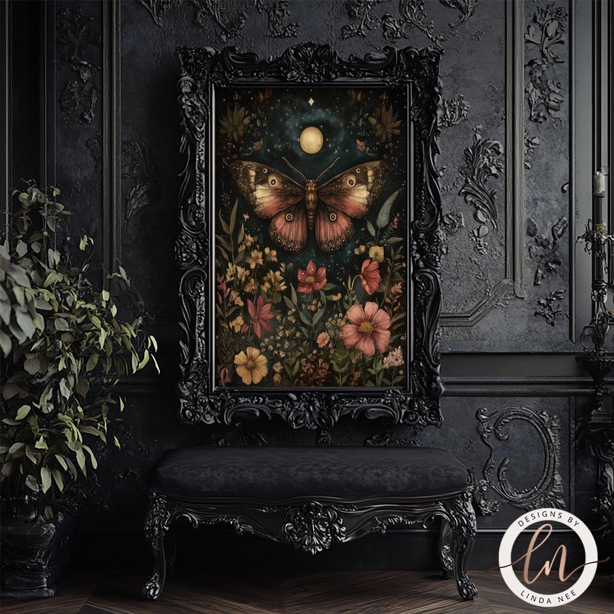 An ornate black baroque-style framed art print featuring a fantasy illustration of a butterfly surrounded by flowers under a full moon, displayed on a dark carved wall above a matching bench.
