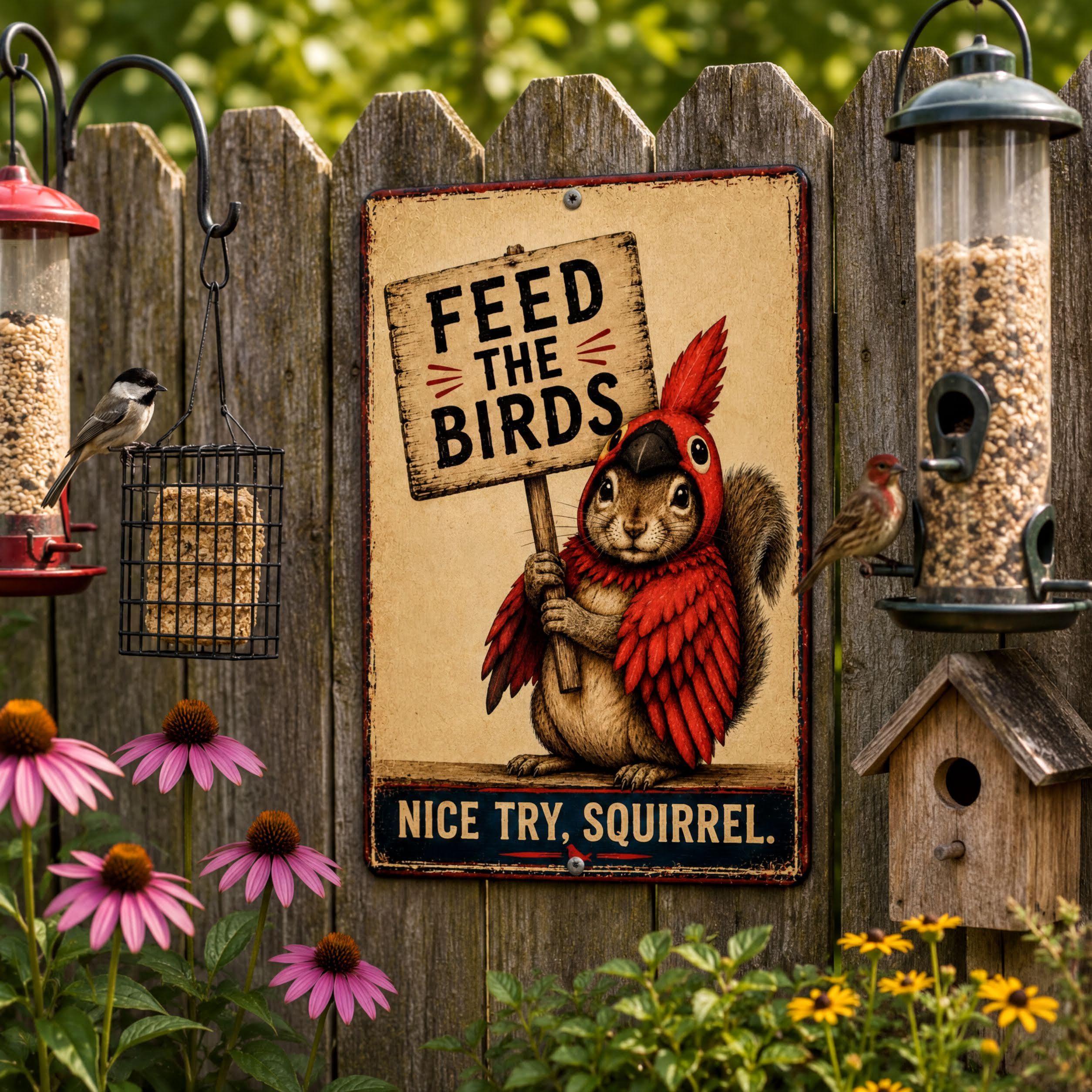 a sign that says "Feed the Birds" with a squirrel holding a sign, surrounded by bird feeders and flowers.
