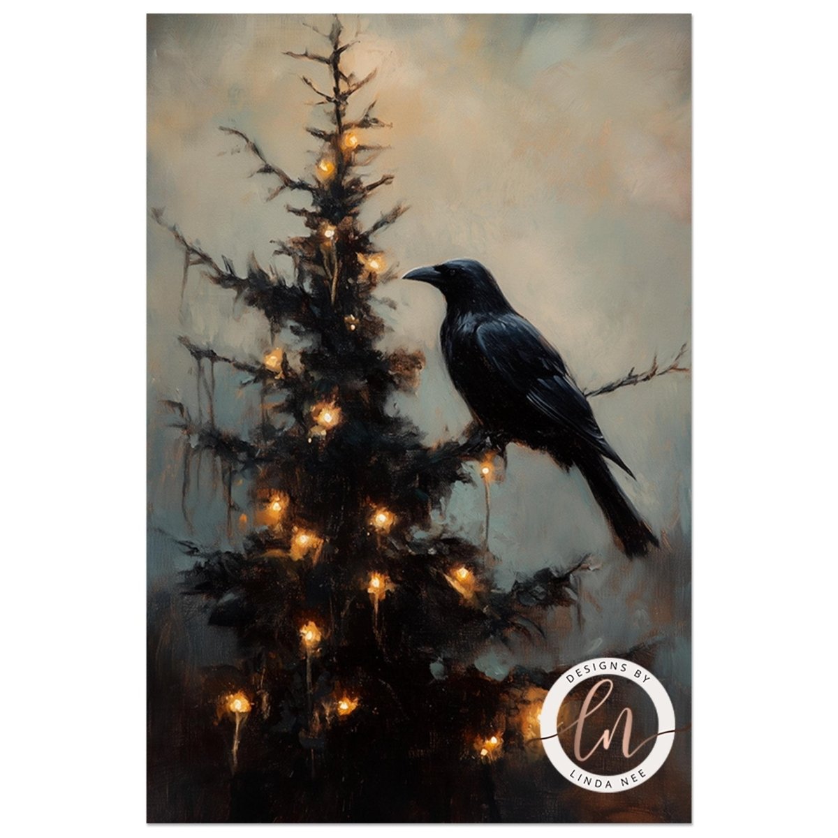Black crow on a bare branch with a lit Christmas tree glowing behind