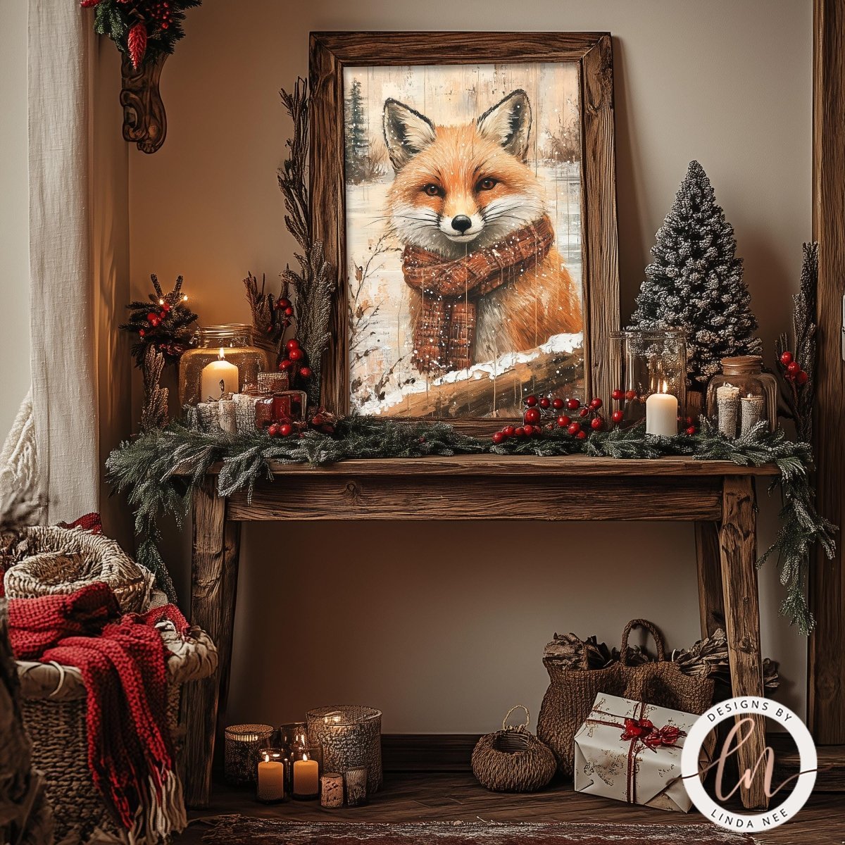 a cozy and festive scene with a framed print of a fox, a wooden table adorned with holiday decorations, and various other items such as candles, baskets, and a small Christmas tree.