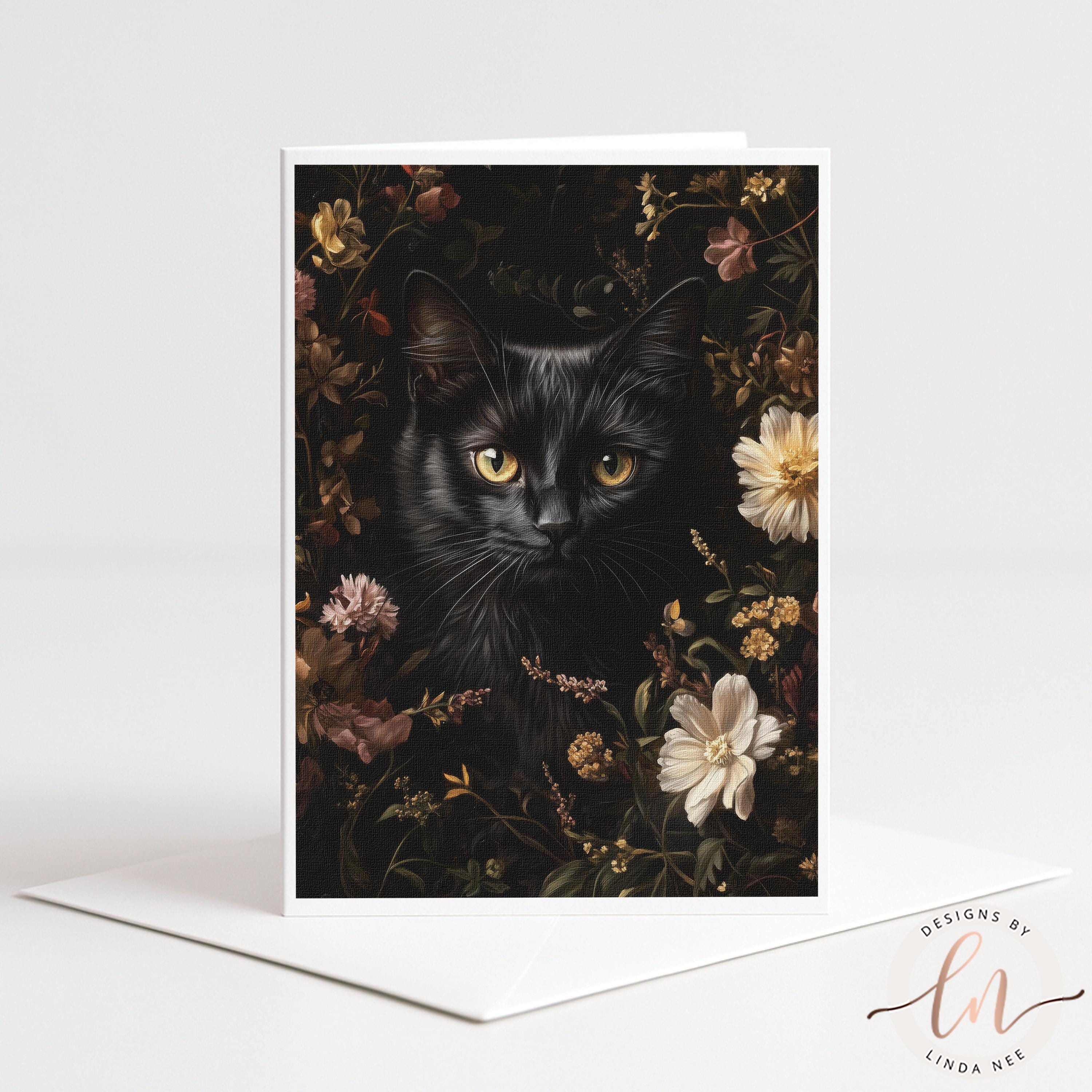 A black cat peeking out from a floral arrangement, with the cat's eyes open and alert.