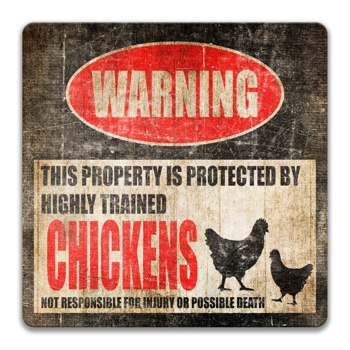 Chickens warning sign, red WARNING banner and large hen and rooster silhouettes, funny Chickens lover gift, aluminum with rounded corners