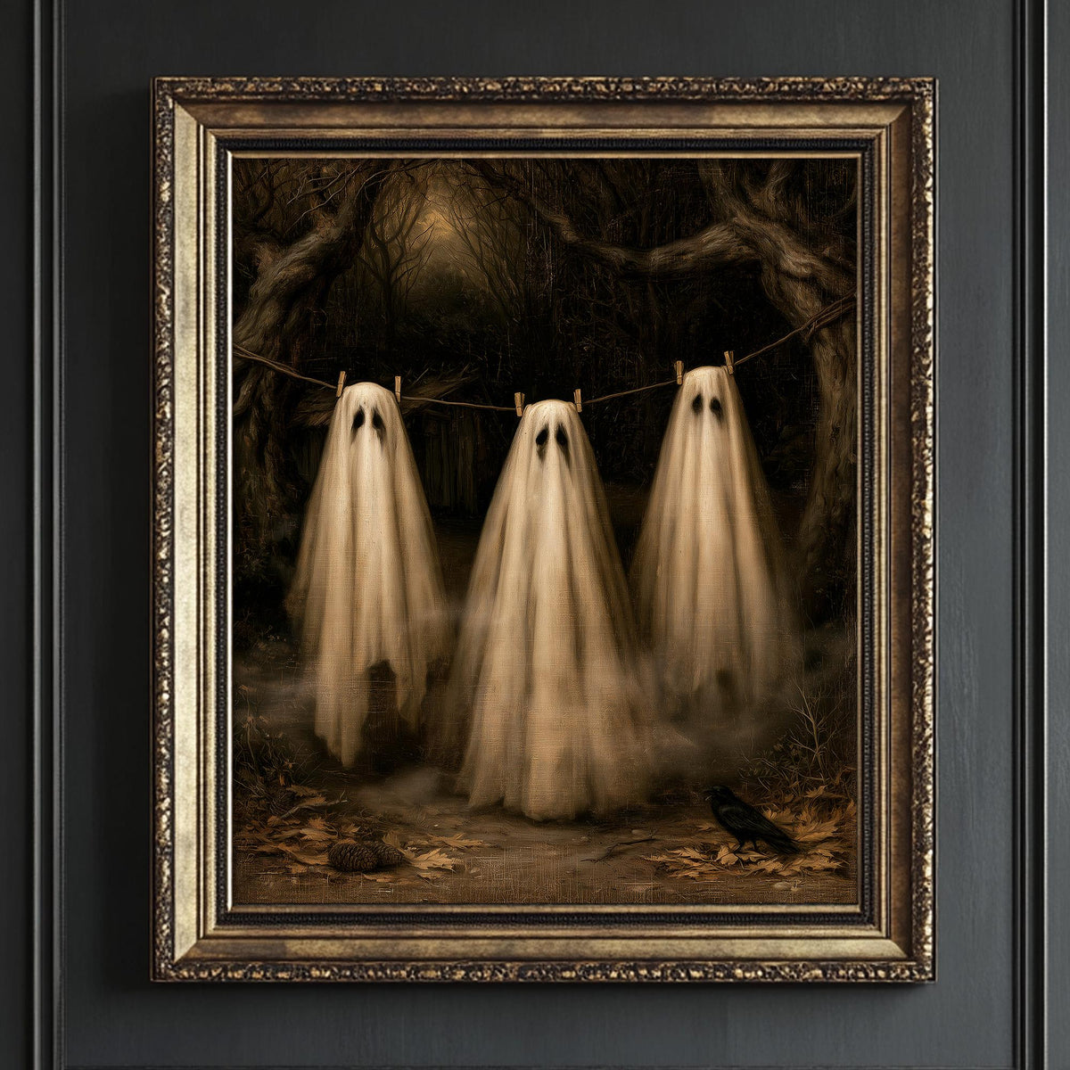 Close view of the three sheet ghosts and the raven watching from a bare branch