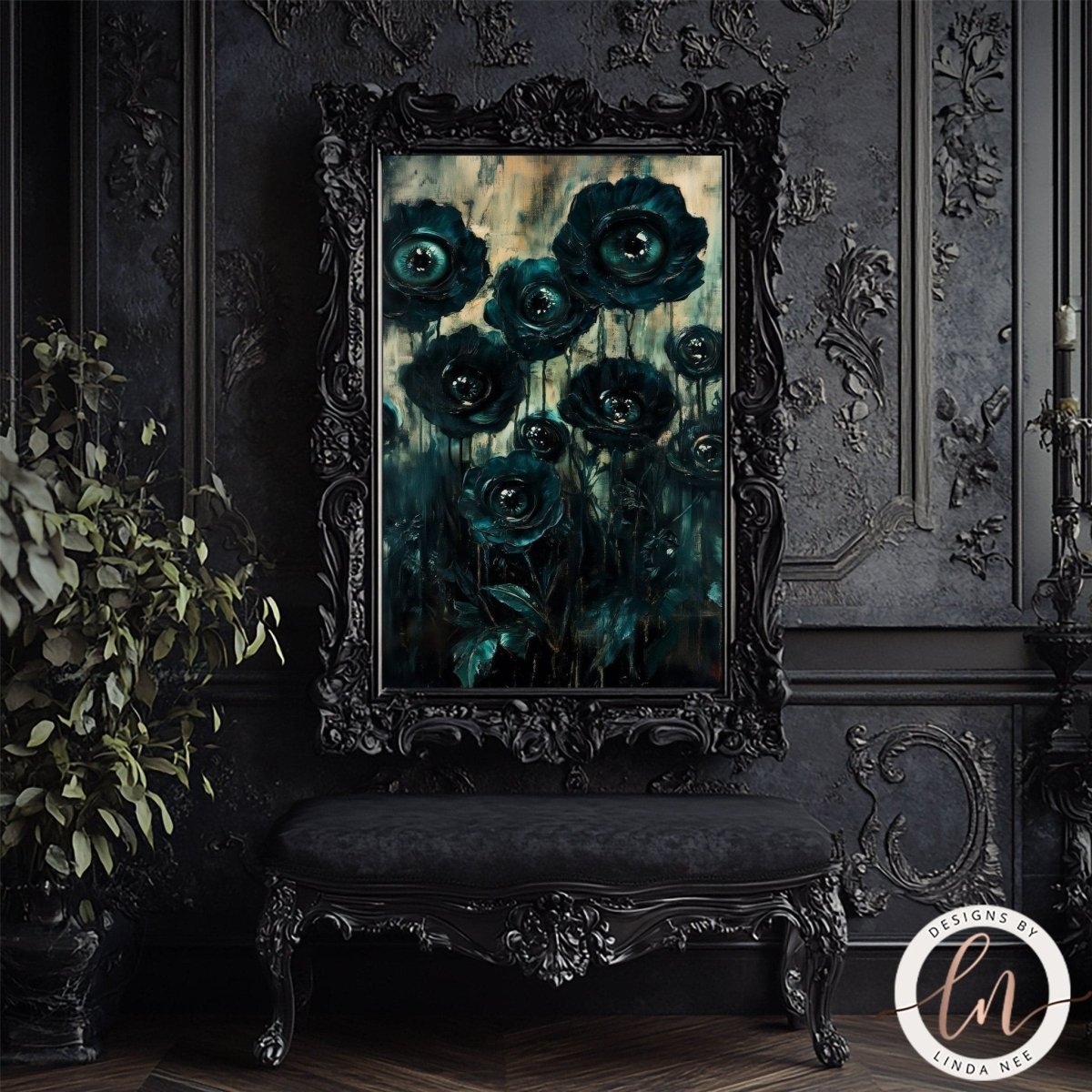 a dark, moody scene with a large, ornate black frame containing a painting of dark green flowers. The frame is placed on a black bench, which is situated in front of a dark, ornate wall. The overall setting appears to be a dimly lit room with a sense of mystery and intrigue.