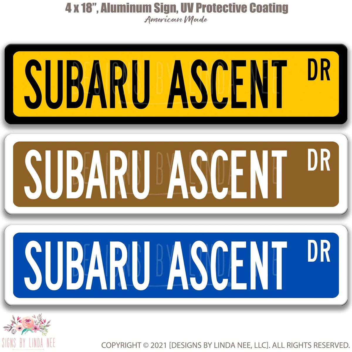 Subaru Ascent DR street name sign shown in three aluminum color options
