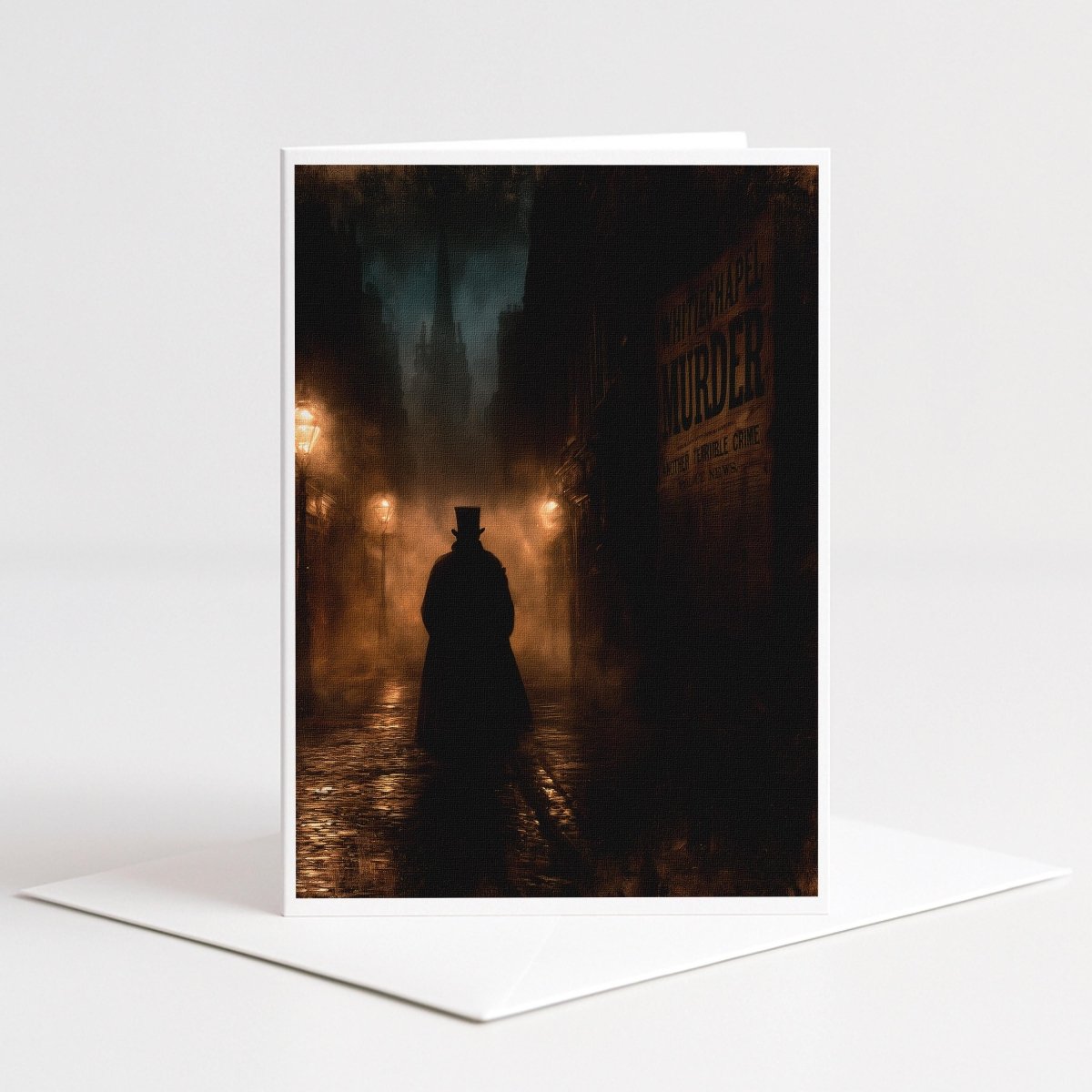 Shadowed figure on a foggy gaslit Whitechapel street, Jack the Ripper Halloween note card art