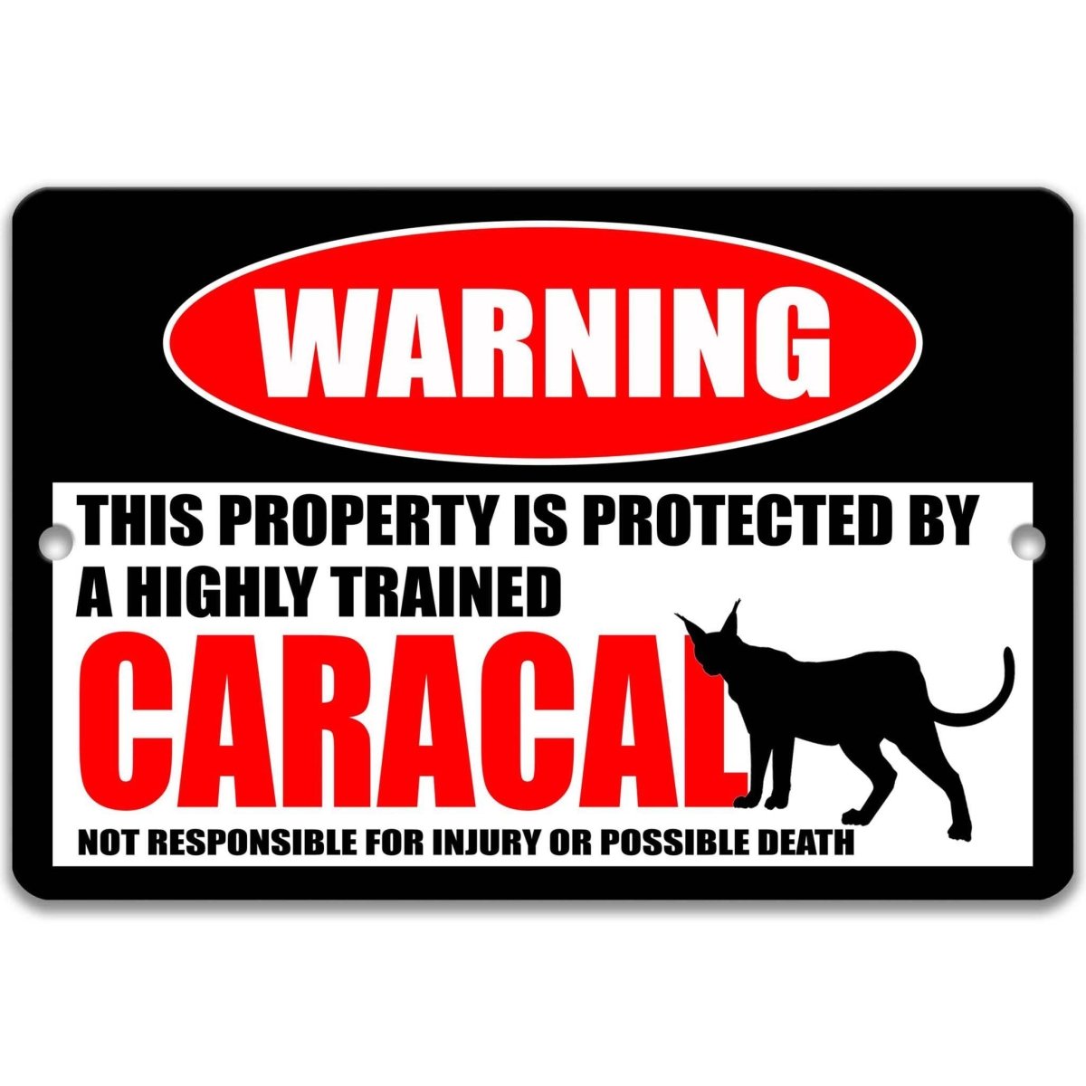 Caracal warning metal sign, glossy black, red WARNING oval and tufted-ear caracal cat silhouette