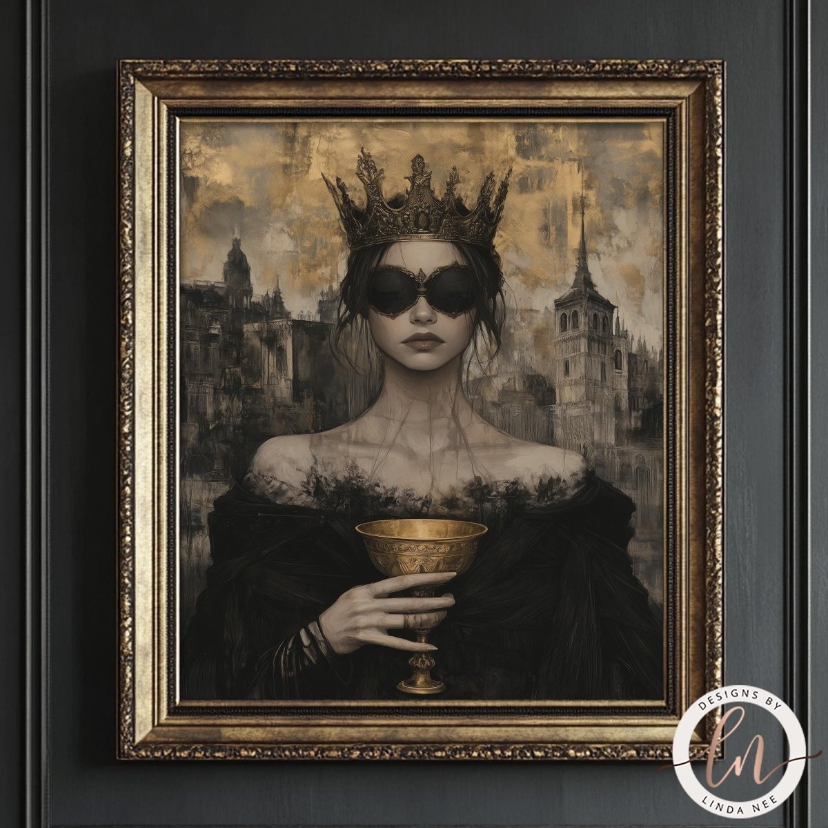 A framed painting depicting a woman wearing a crown and holding a golden chalice, with a cityscape in the background.