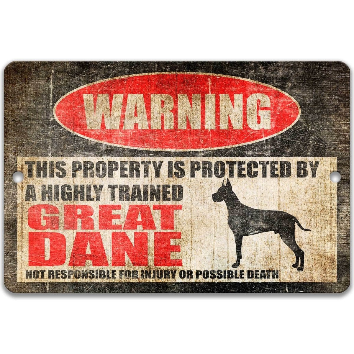 Great Dane warning sign, red WARNING oval, this property is protected by a highly trained Great Dane, with Great Dane dog silhouette