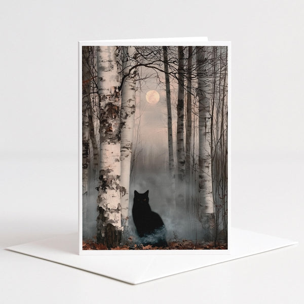 Black Cat in Moonlit Birch Forest Autumn Note Card