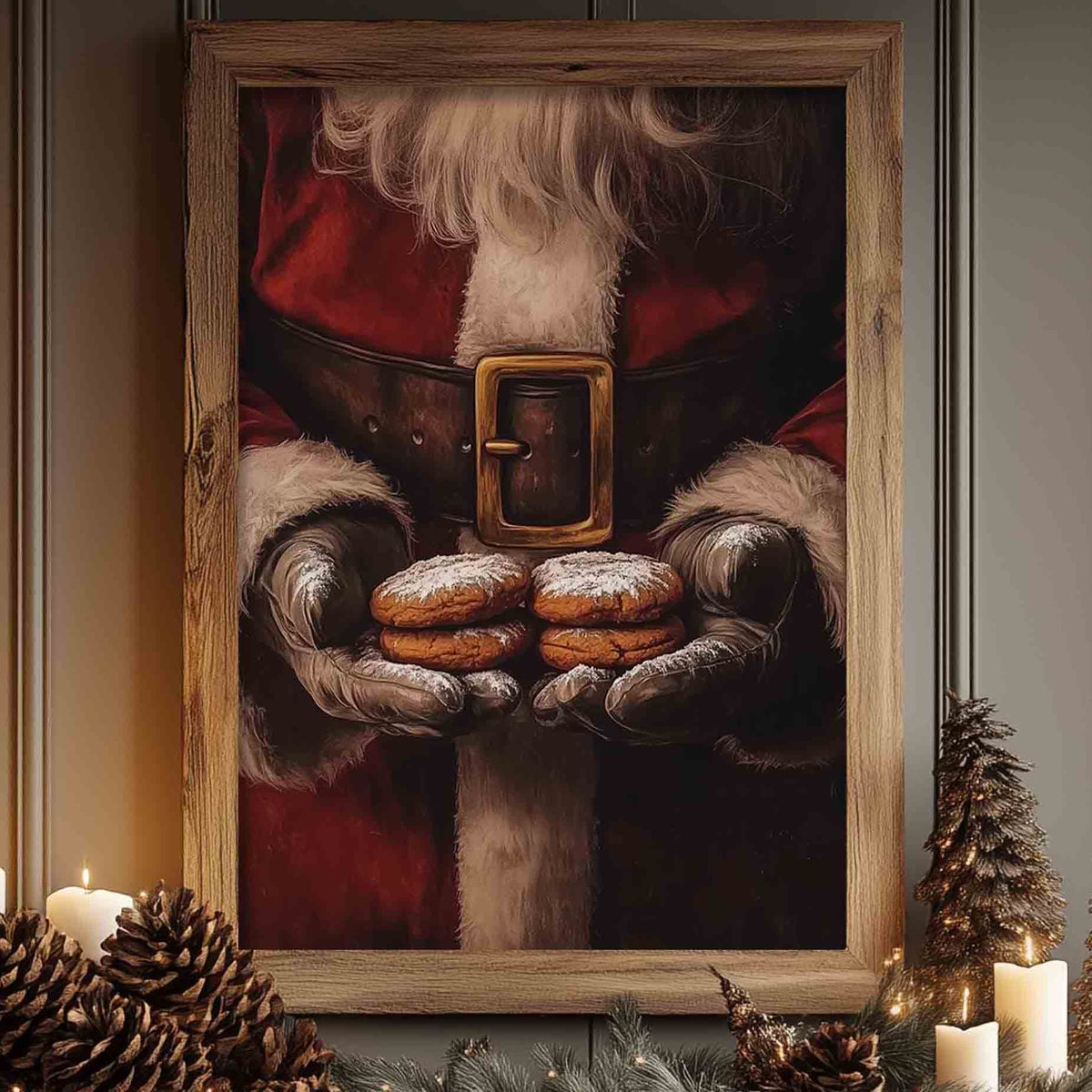 Santa's belt buckle and gloved hands art print styled with pine cones and candles