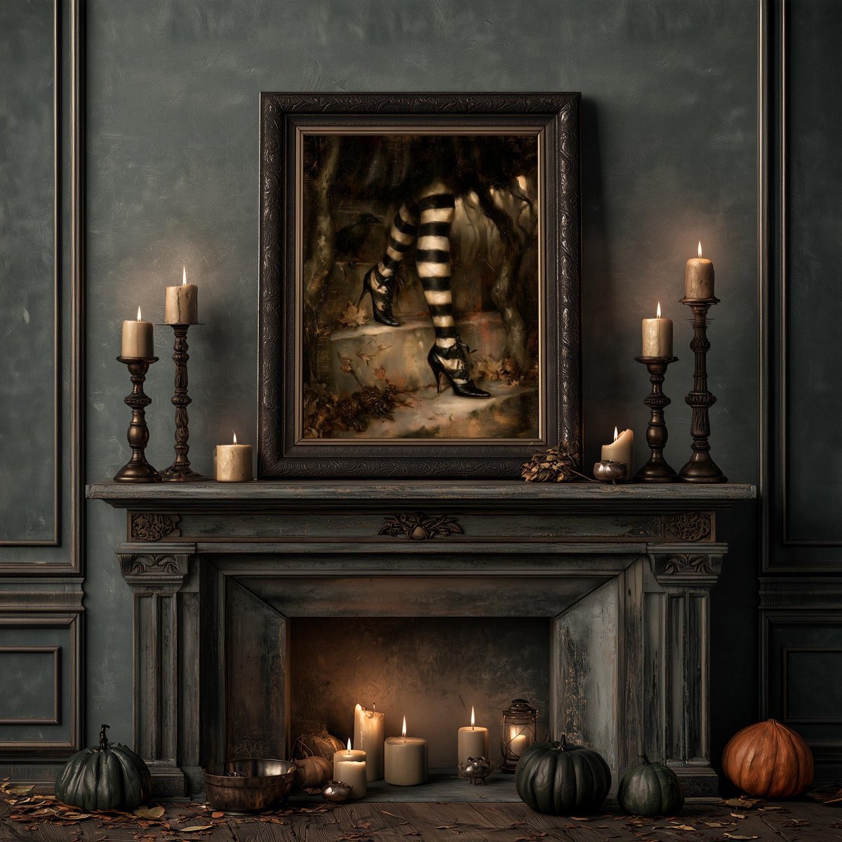 Dark hearth ringed with candles and pumpkins beneath the striped stockings art