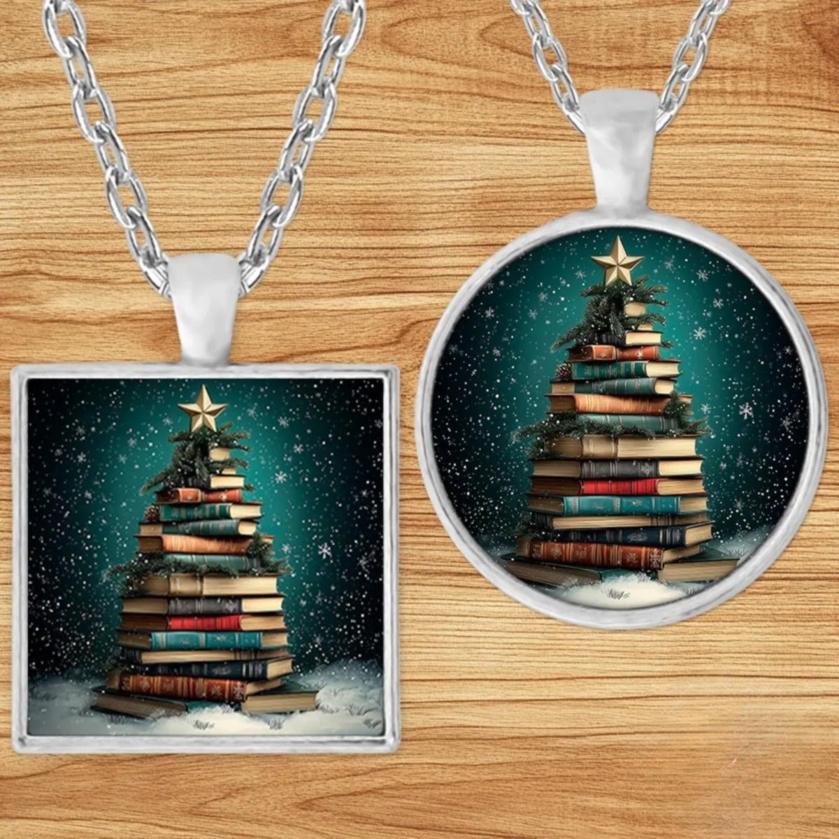 Book Stack Christmas Tree pendant necklace shown in round and square silver charm styles on a wood background
