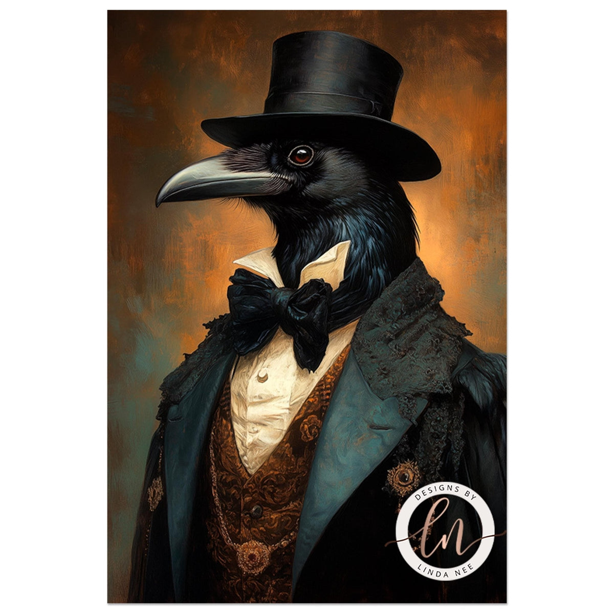 A black bird wearing a top hat and a suit with a bow tie, set against a warm orange background.