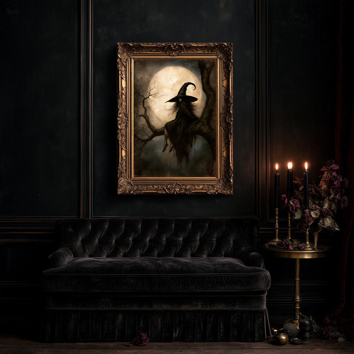 Large witch and moon artwork above a small table of candles and flowers