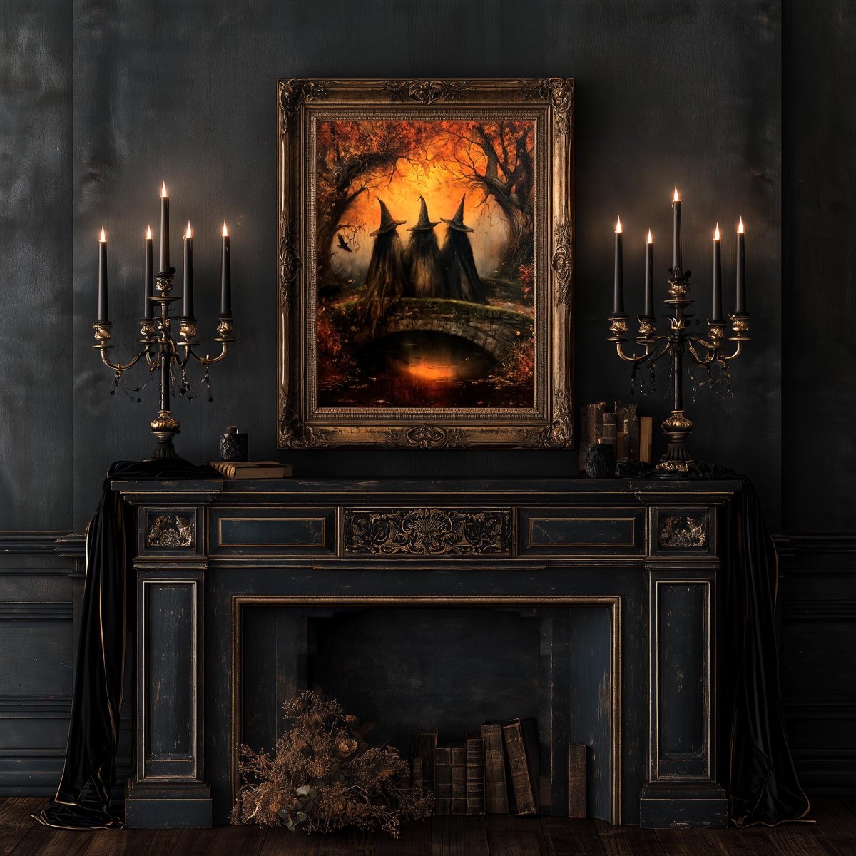 Autumn witches art print above a fireplace between two candlesticks