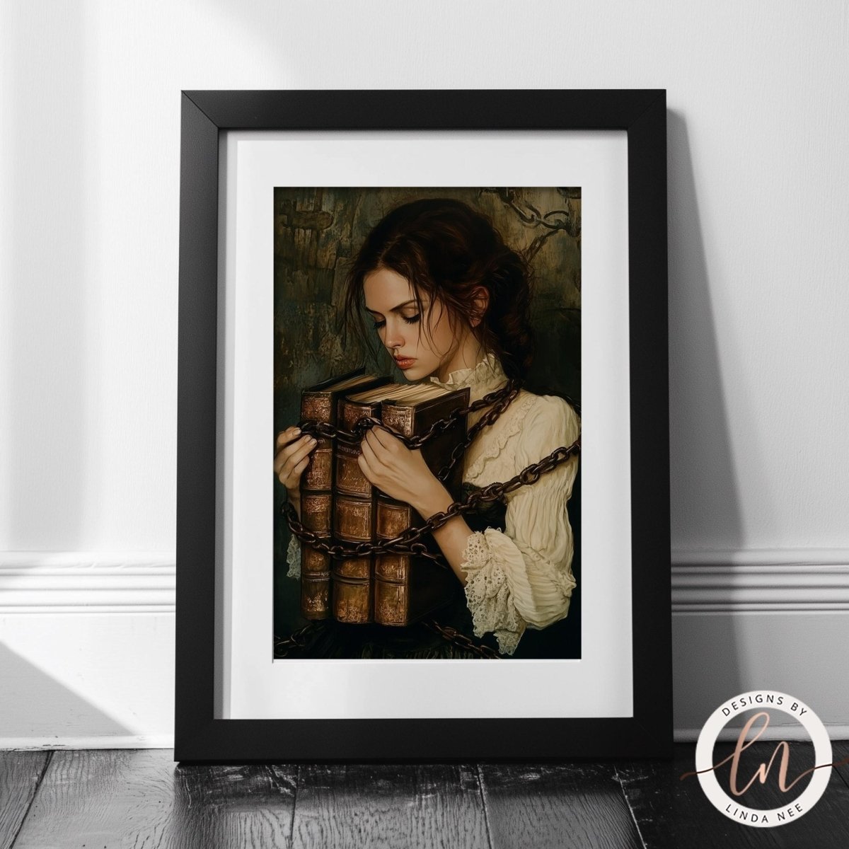Woman with dark hair holding a stack of books artwork