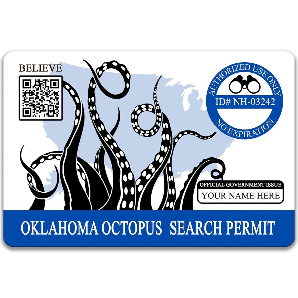 The image is a search permit for Oklahoma's octopus, featuring a blue background with black and white octopus tentacles and a QR code.