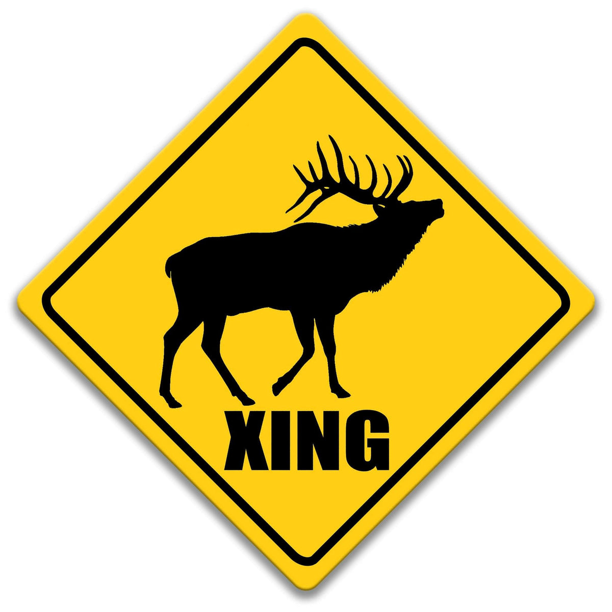 A yellow diamond-shaped road sign with a silhouette of a deer and the word "XING" below it.