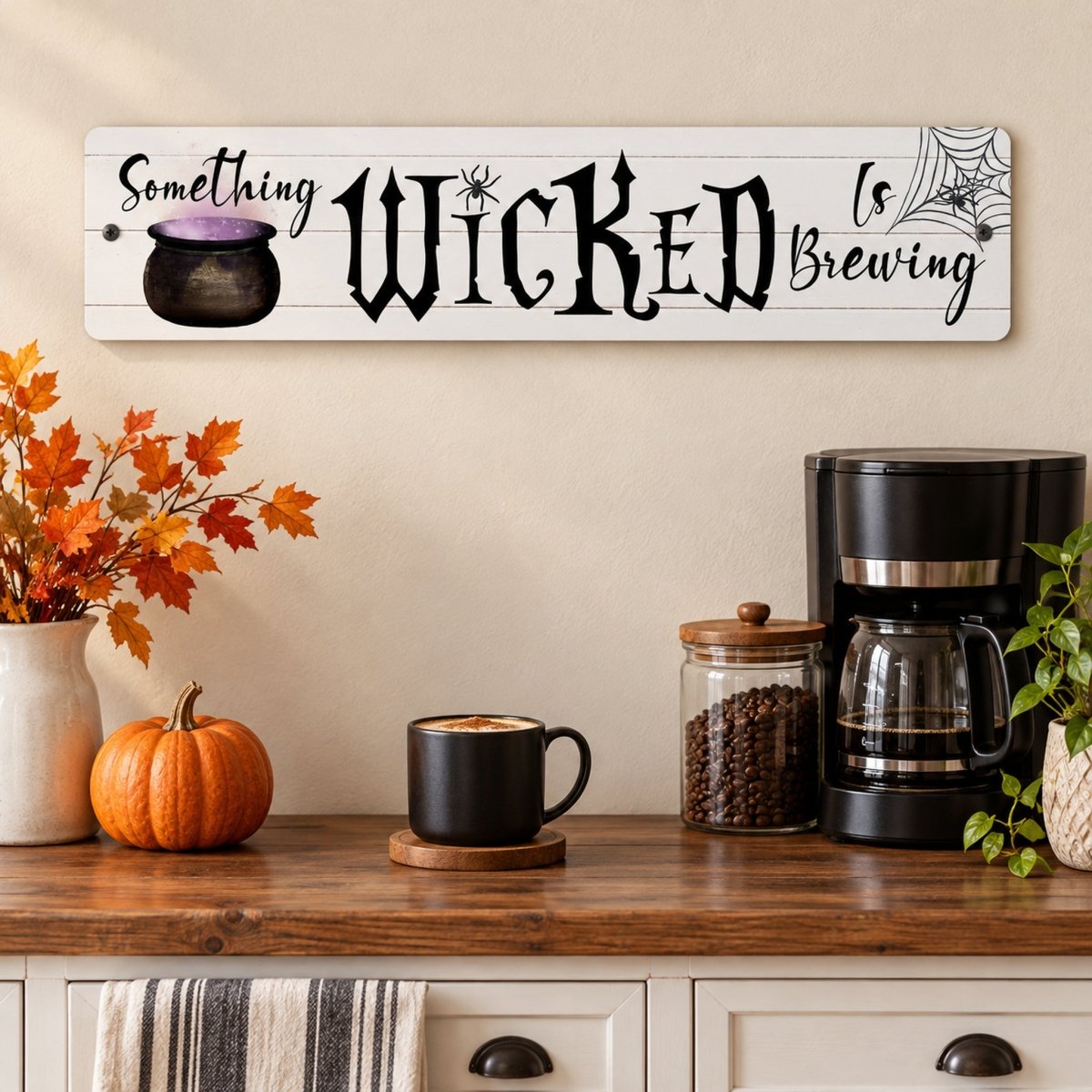 Something Wicked Is Brewing sign on a kitchen coffee bar with a pumpkin and mug
