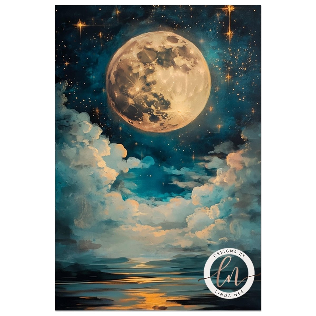 Golden moon low on the horizon over calm reflective water