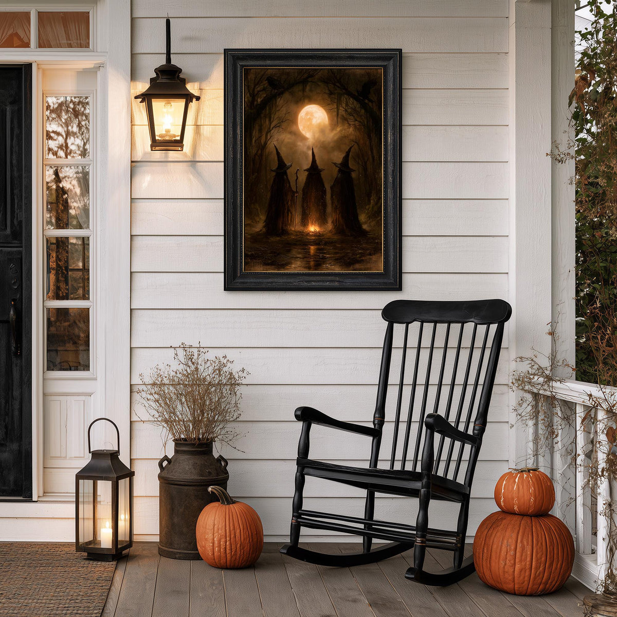 Porch with a black rocking chair, two pumpkins, a lantern, and the coven print