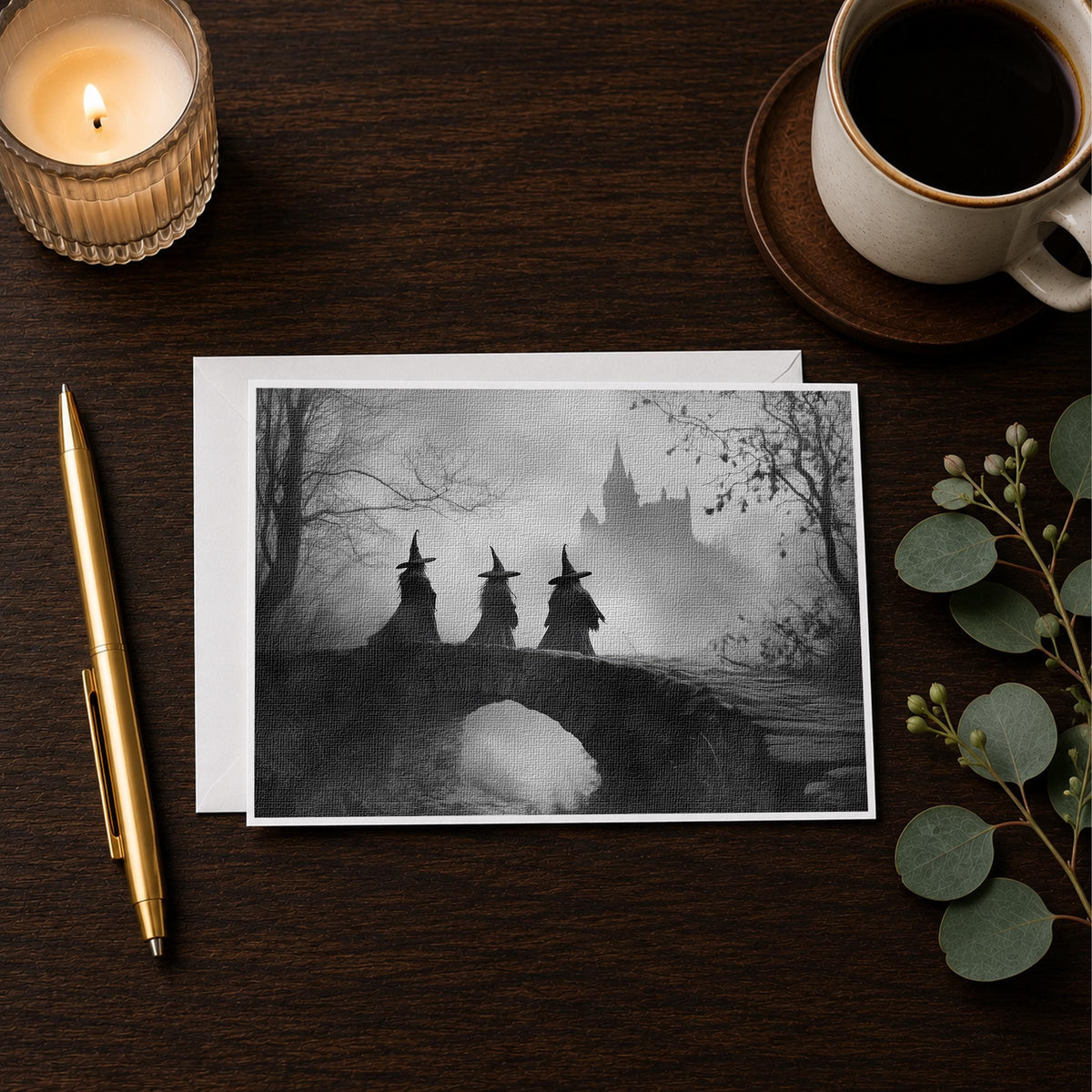 Monochrome witches castle note card styled on a desk with a candle and coffee