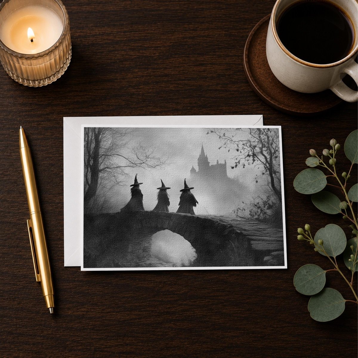 Monochrome witches castle note card styled on a desk with a candle and coffee