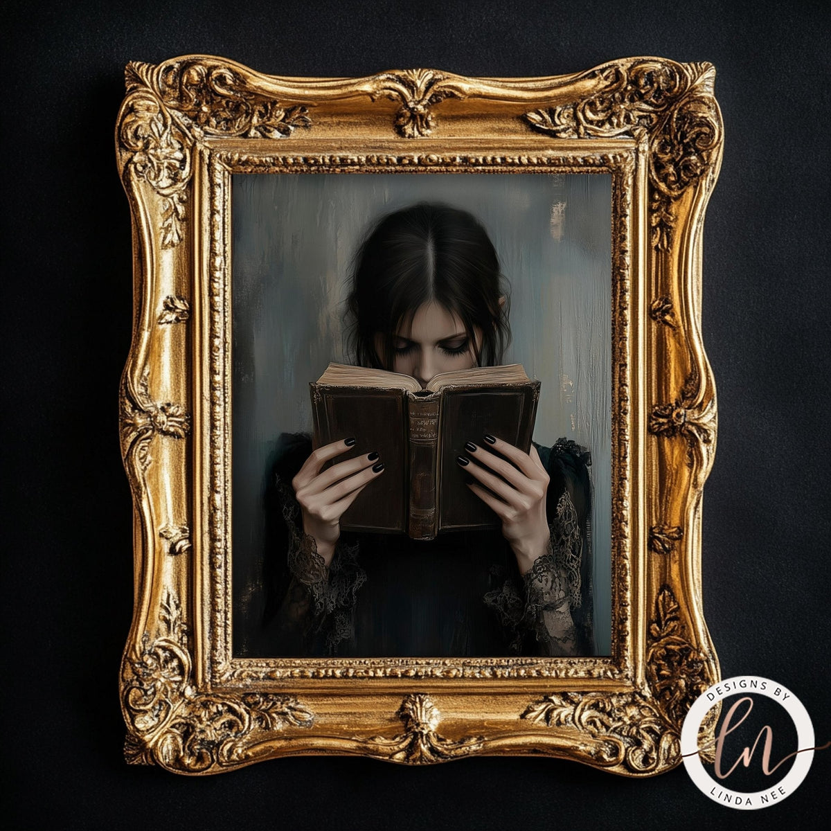 A woman with dark hair is holding an open book and looking down at it, with a dark background.