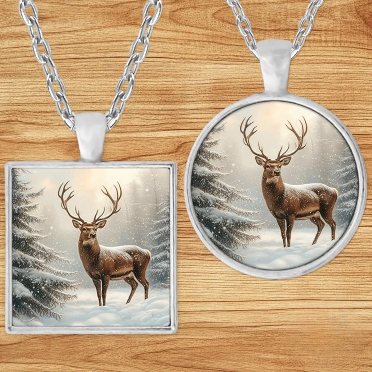 Winter Deer Evergreen Forest pendant necklace shown in round and square silver charm styles on a wood background
