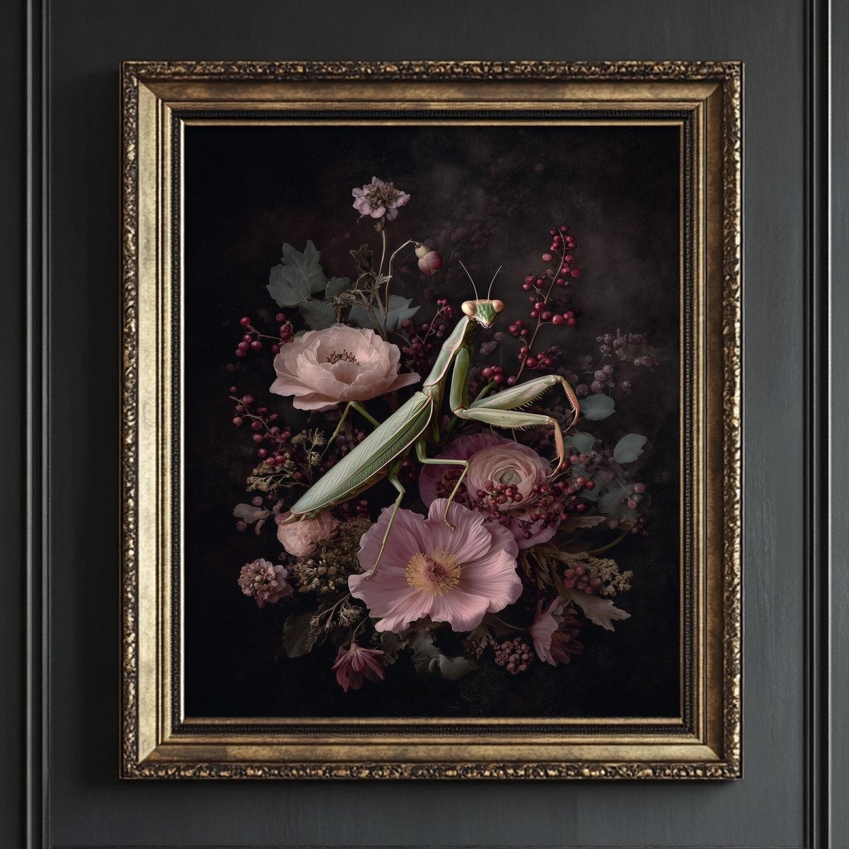 A framed painting depicting a mantis surrounded by a variety of flowers, including pink peonies and purple berries, against a dark background.