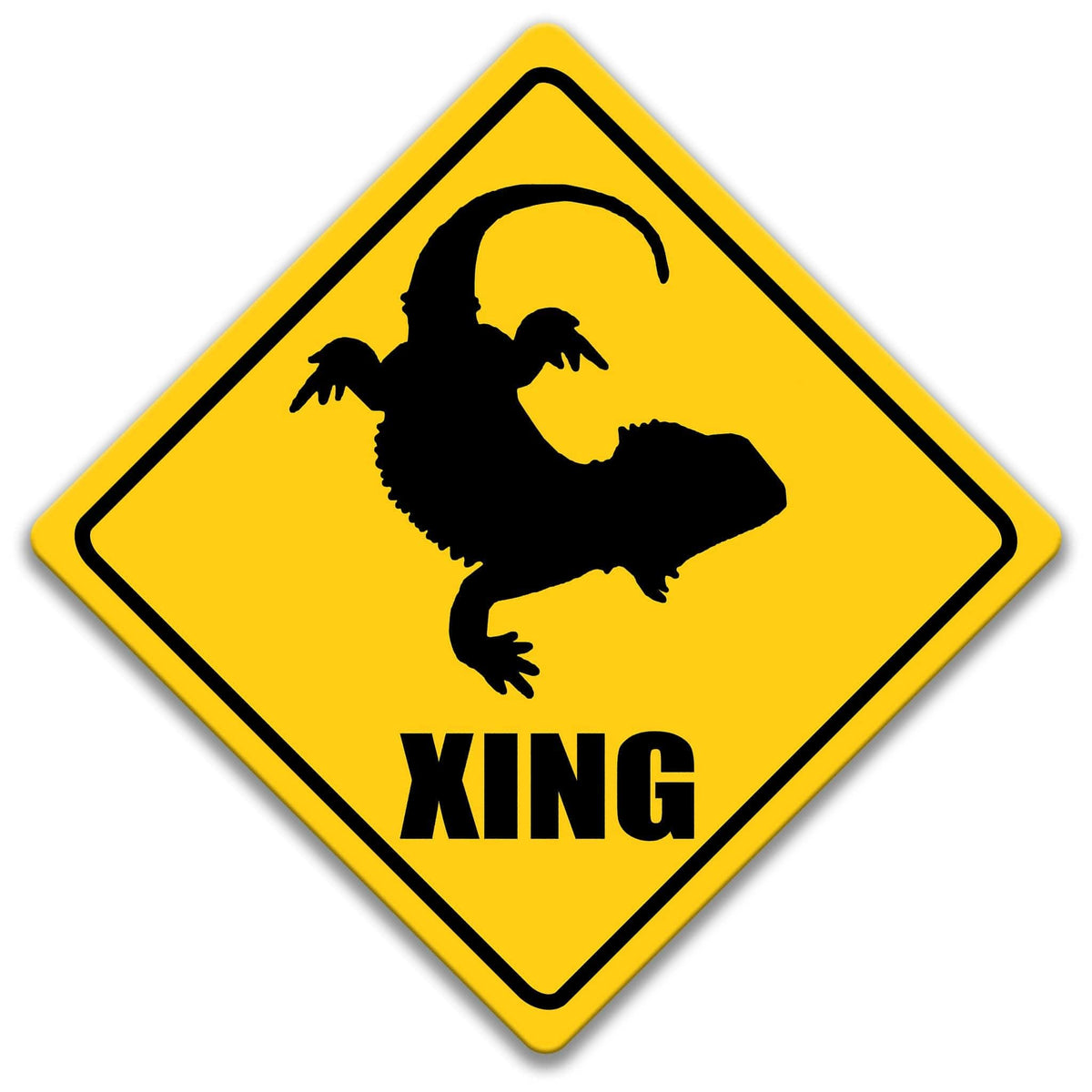 Bearded Dragon XING crossing sign, yellow diamond sign with lizard silhouette and XING lettering