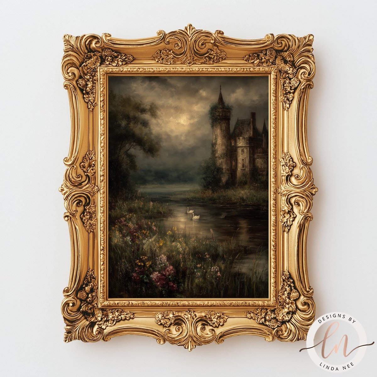 The image is a painting of a castle surrounded by a lake and flowers, framed in an ornate golden frame.