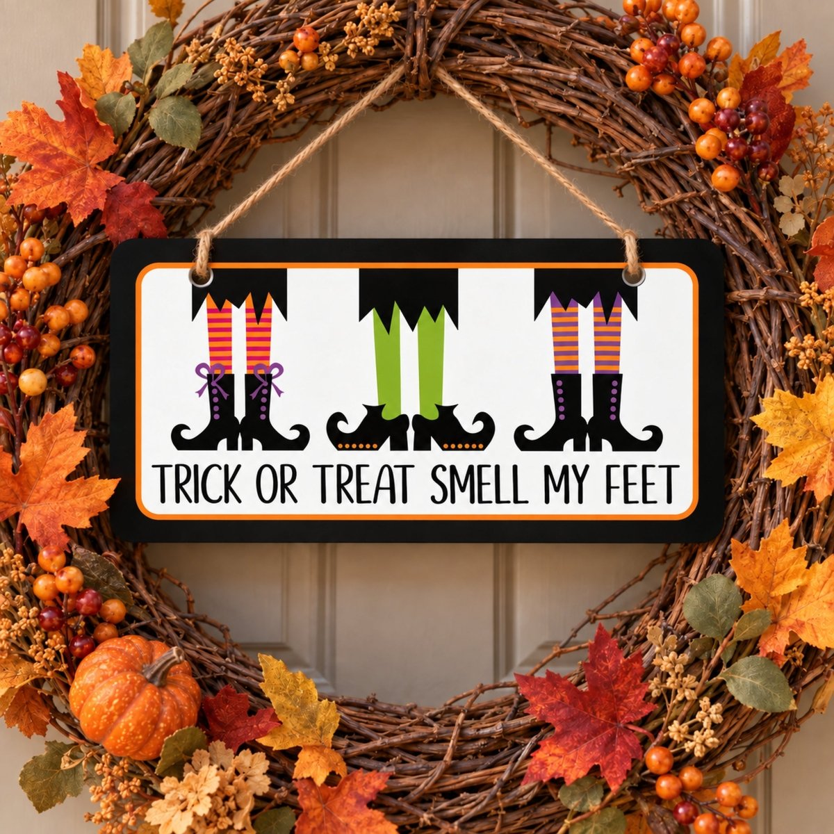 Trick or Treat Smell My Feet sign centered in a door wreath