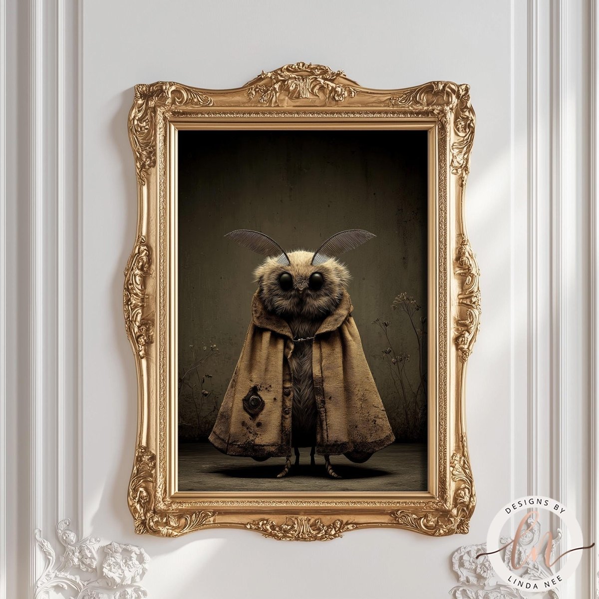 a framed artwork depicting a moth with a robe, set against a dark background.