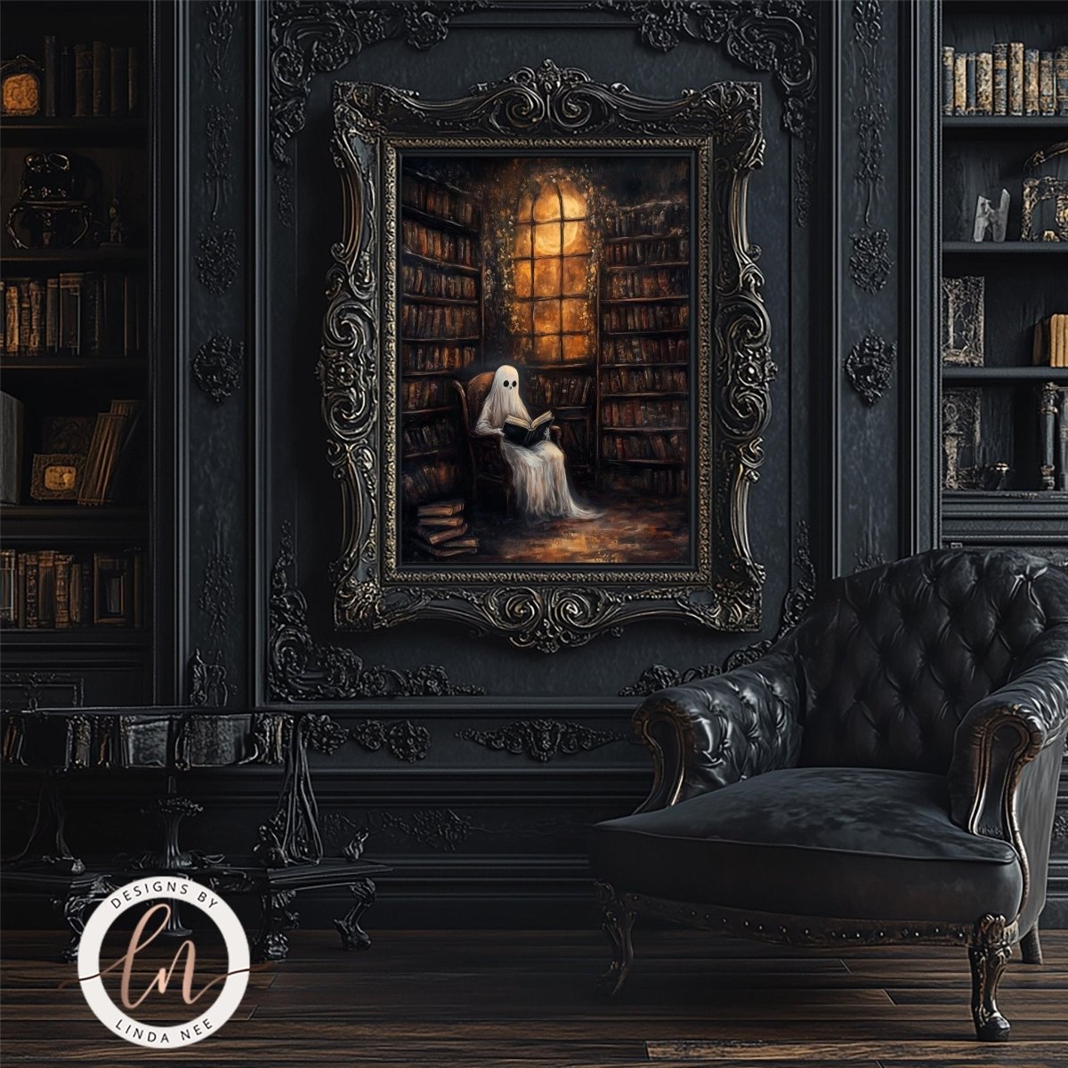 Ghostly figure surrounded by bookshelves and warm window light