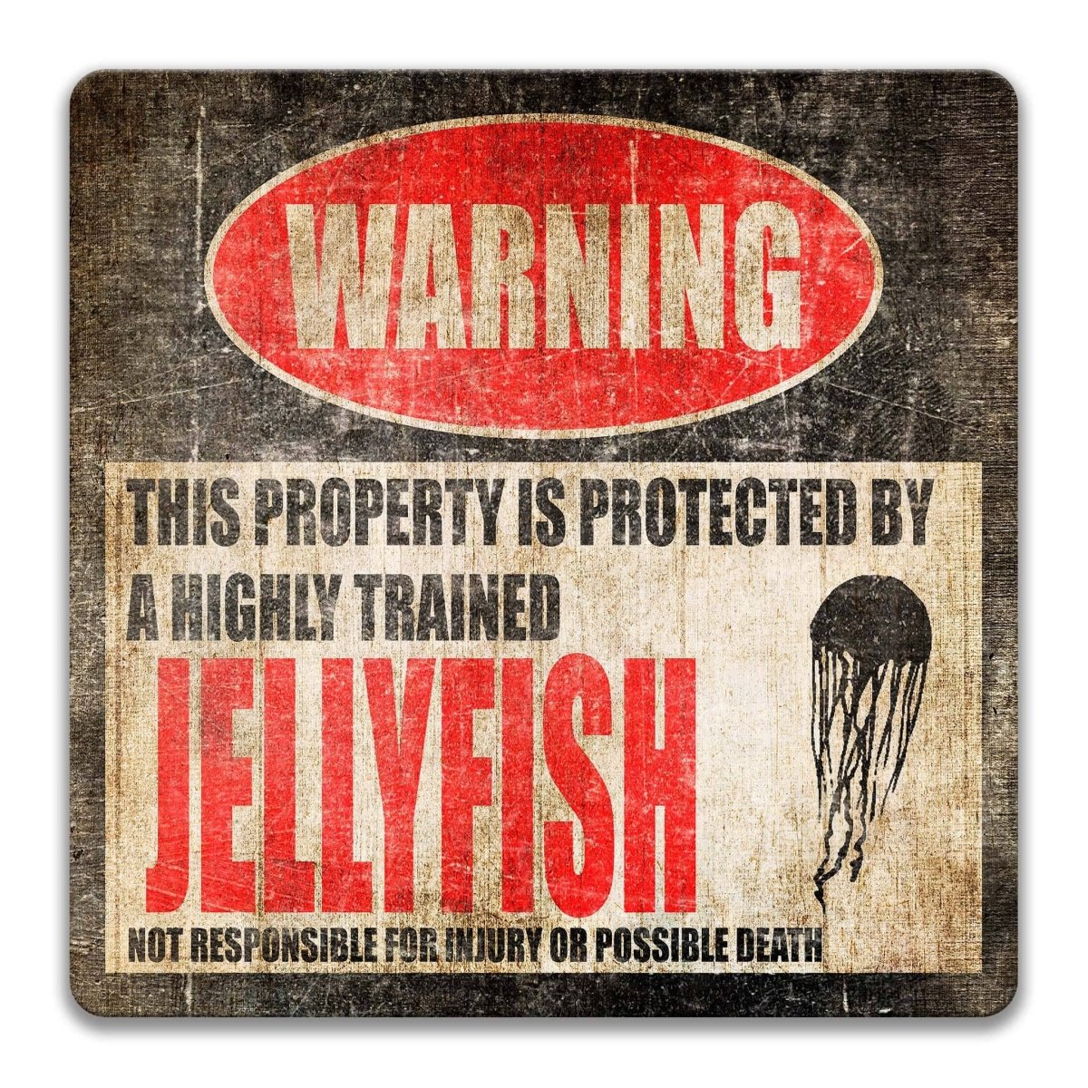 Jellyfish warning metal sign, glossy black, red WARNING oval and trailing-tentacle jellyfish silhouette